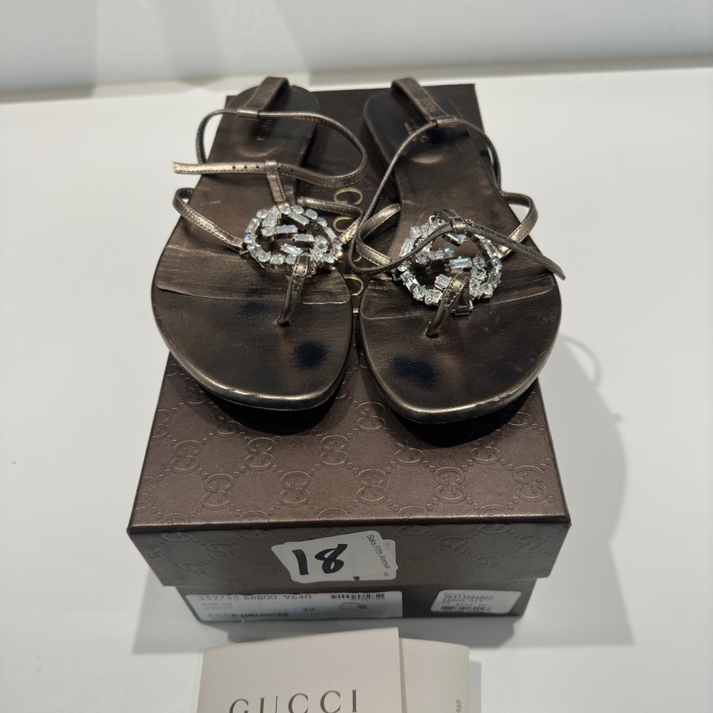 Gucci metallic and crystal monogram embellished sandals with box and dustbag